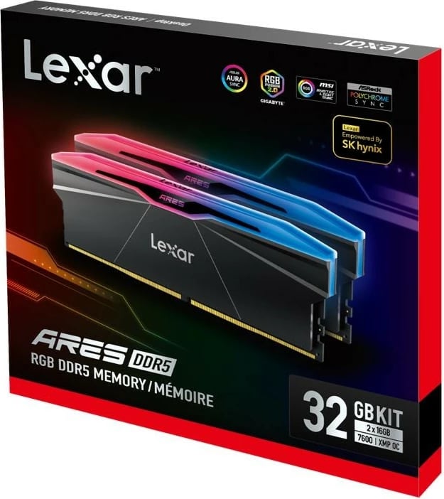RAM Memorje Lexar ARES RGB DDR5, 32GB (2x16GB), 7600 MHz, e zezë RAM Memorje Lexar ARES RGB DDR5, 32GB (2x16GB), 7600 MHz, e zezë