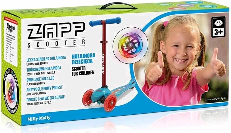 Skuter për fëmijë, Milly Mally Zapp, 3 rrota, timon i rregullueshëm 61-66 cm, drita në rrota, deri 50 kg, mentë