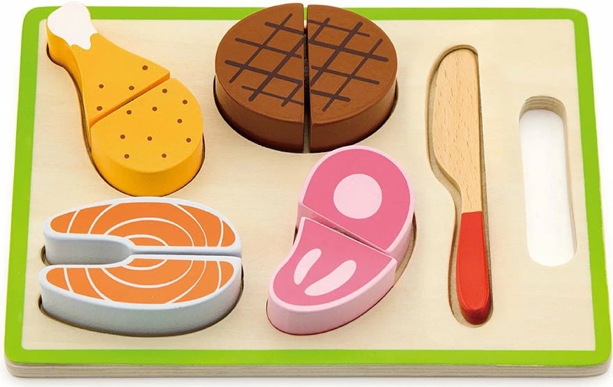 set prerjeje druri, Viga Lunch, për fëmijë 18m+, me dërrasë dhe thikë druri, 22x15x2.5 cm, multicolor