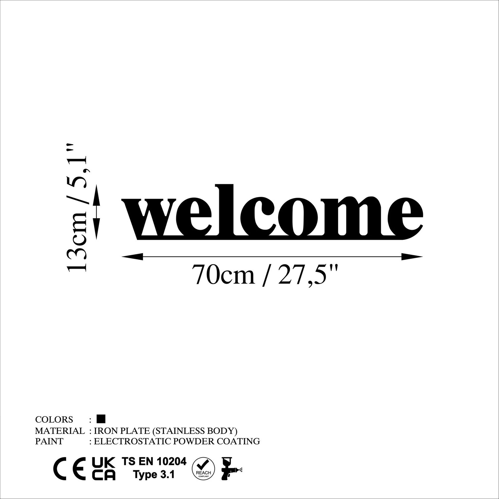 Aksesor dekorativ metalik për mur, Wallity, welcome, ngjyrë e zezë, 70x13cm