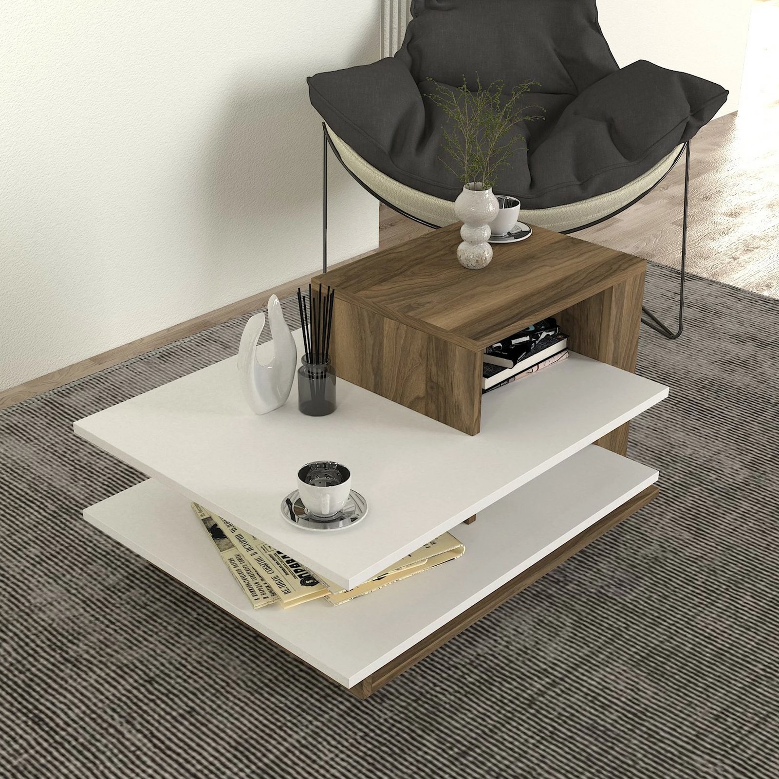 Tavolinë e ulët Skye Decor, Venüs, e bardhë dhe arre