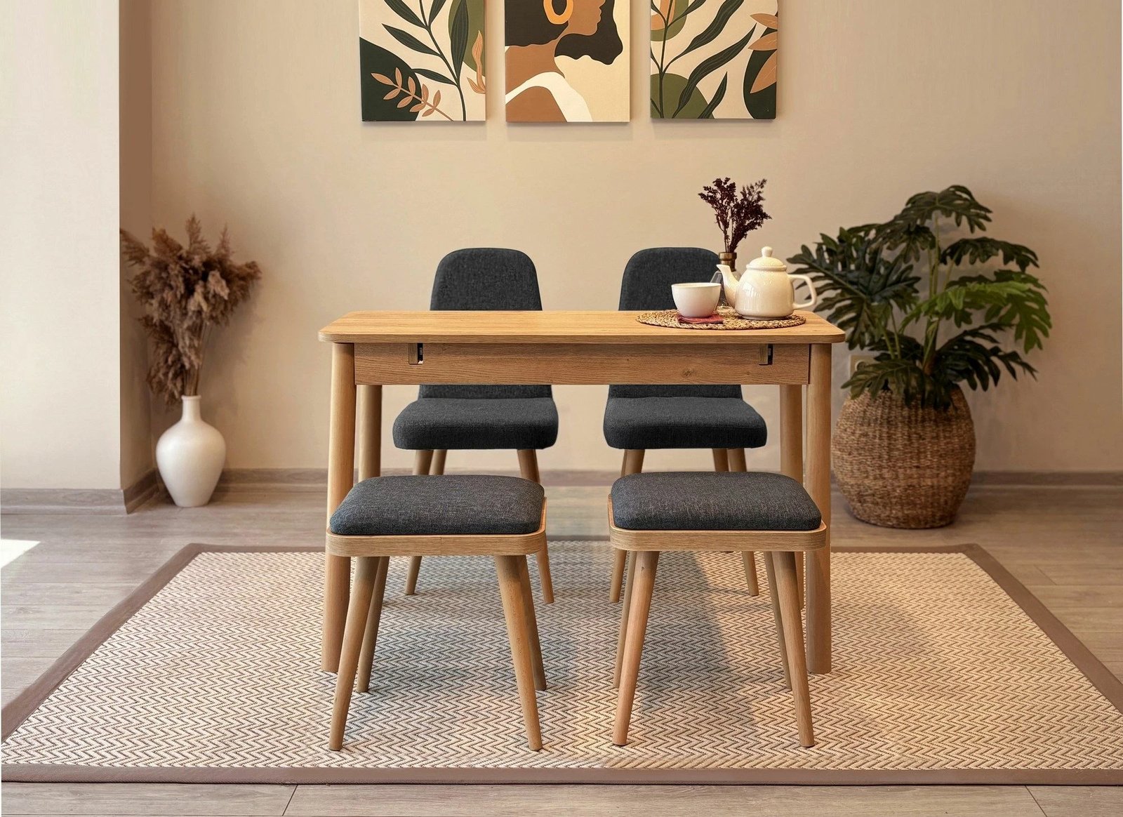 Tavolinë me karrige, set 5 pjesësh, ngjyrë lis dhe antracit, Skye Decor, Vina Mini 02 1053