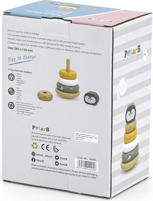 lodër piramidë stivuese druri, Viga Penguin, 5 disqe, për 12M+, multingjyrëshe