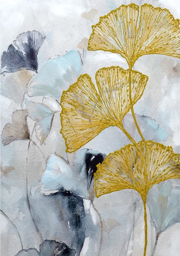 Pikturë dekorative Palen, kanavacë, ngjyrë kaltër, e bardhë, ari, 70x100x3 cm