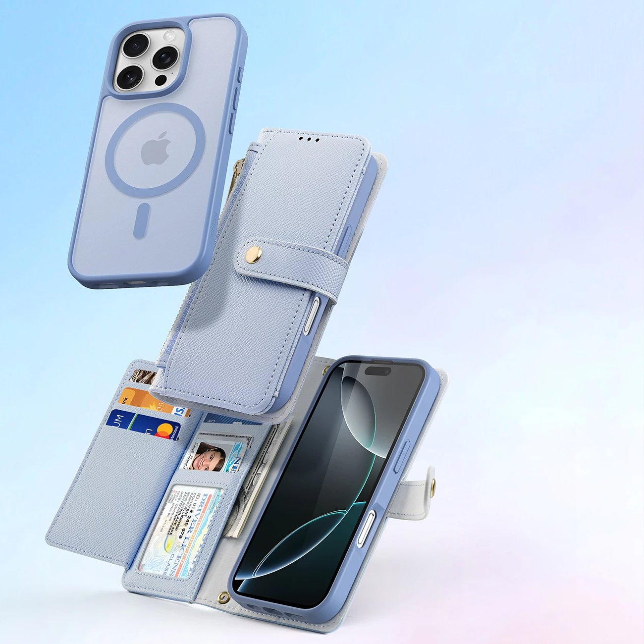 Mbështjellës Dux Ducis Lawa për iPhone 16 Pro Max, me portofol magnetik të ndashëm, kaltër