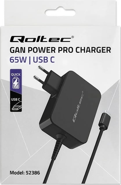Karikues muri Qoltec GaN Power Pro 52386, 65W, 1x USB-C, 1.7m, Zi