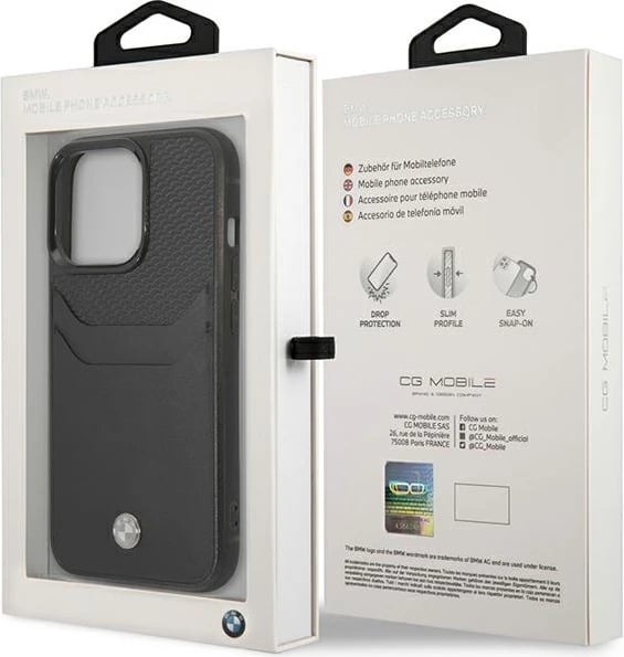 Mbështjellës BMW BMHCP14X22RSEPK për iPhone 14 Pro Max 6.7", lëkurë, xhep kartelash, i zi