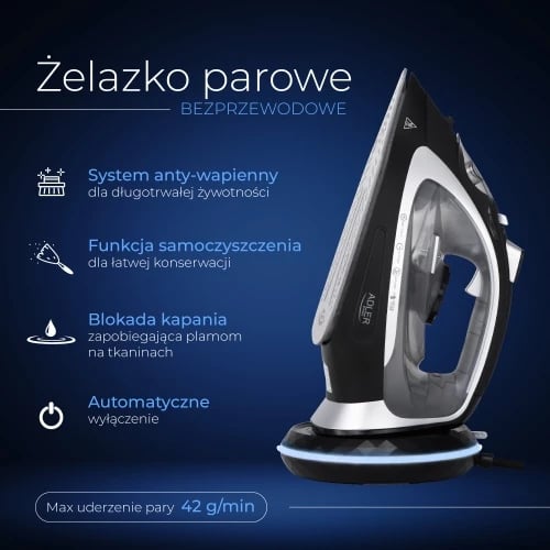 Hekur me avull pa kabllo 2-në-1, Adler AD 5043, 2800W, bazë qeramike 23.5x12 cm, depo uji 300 ml, zi/argjendtë