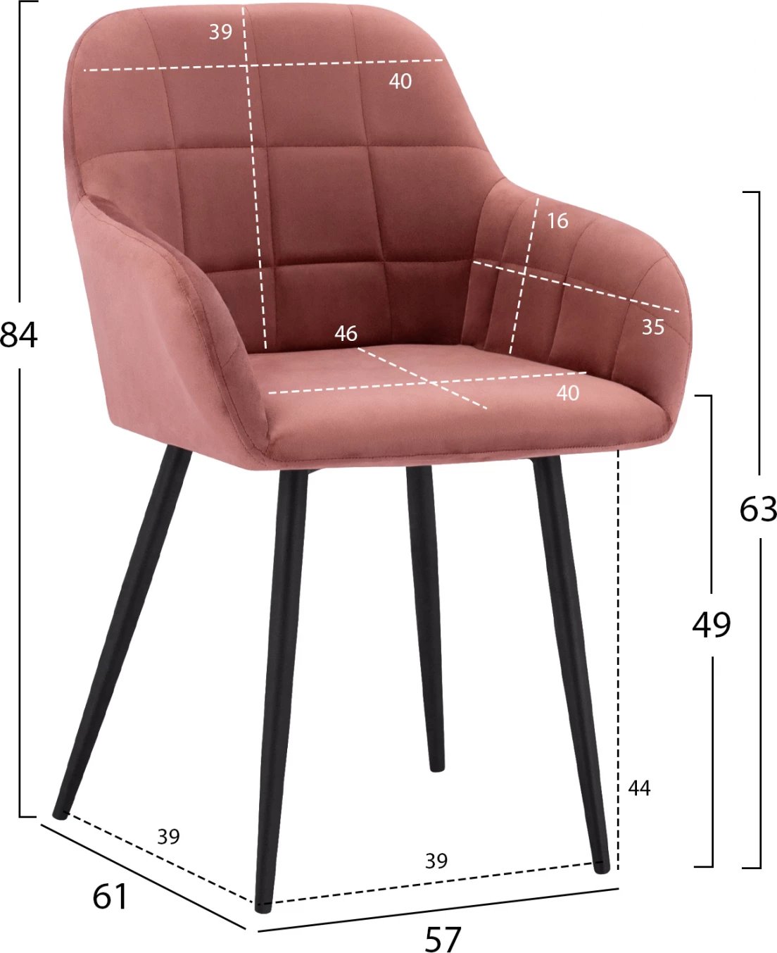 Karrige me krahë, kadife rozë e zbehtë, kornizë metalike e zezë, FH8724.02, 57x61x84 cm, set prej 2 copë