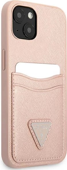 Mbështjellës Guess GUHCP13SPSATPP për iPhone 13 mini, Saffiano Triangle, rozë