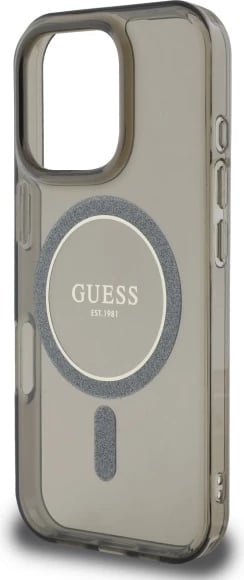 Mbështjellës Guess IML Glitter Circle MagSafe për iPhone 16 Pro Max, i zi
