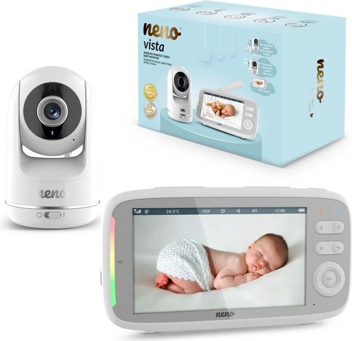 Monitor për foshnje neno NENO VISTA me kamerë rrotulluese, ekran 5", i bardhë