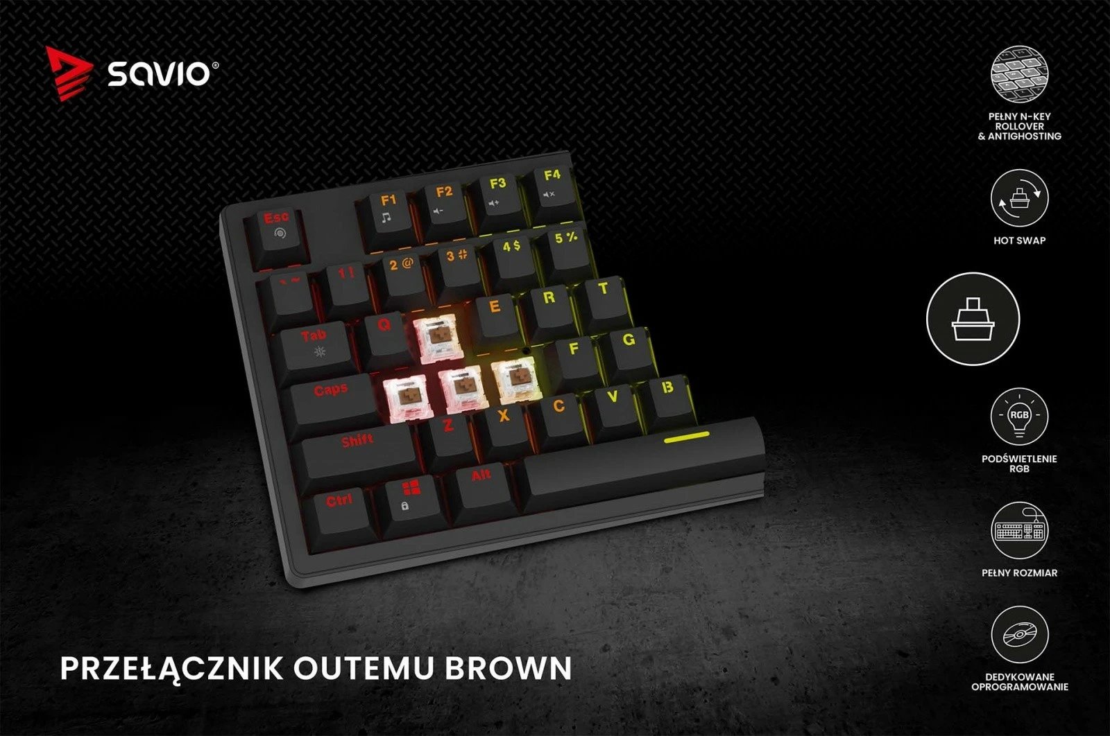 Tastierë mekanike Savio STYX BROWN me Hot Swap, RGB, Outemu Brown, e zezë Tastierë mekanike Savio STYX BROWN me Hot Swap, RGB, Outemu Brown, e zezë