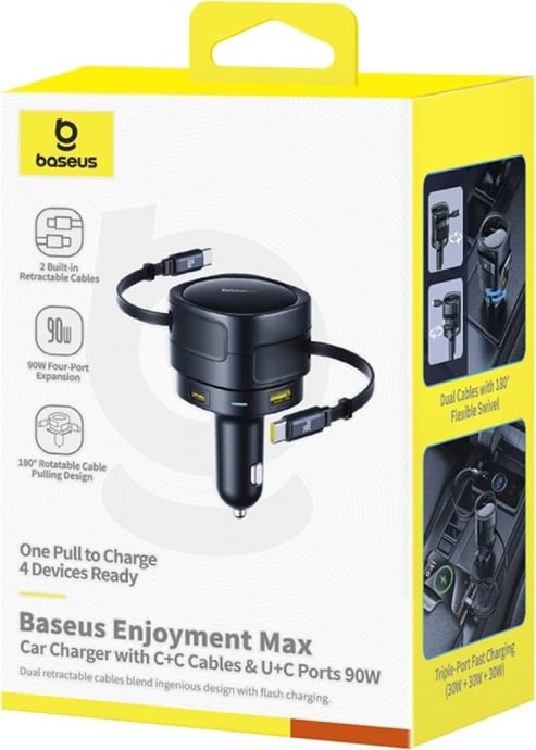 Karikues veture Baseus Enjoyment Max, 90W, 2x USB-C kabllo të integruara, USB-A+USB-C porta, zi