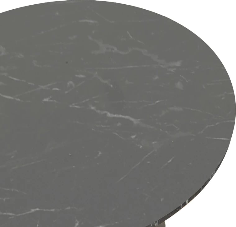 Tavolinë e rrumbullakët, efekt mermeri i zi, këmbë metalike të zeza, Φ70x72cm