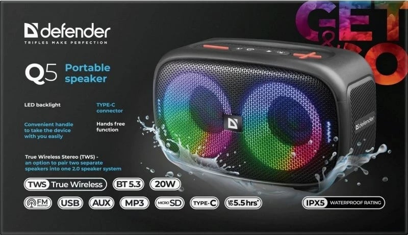 Boks Bluetooth defender Q5, 20W, LED, BT 5.3, FM, USB, TWS, Zi