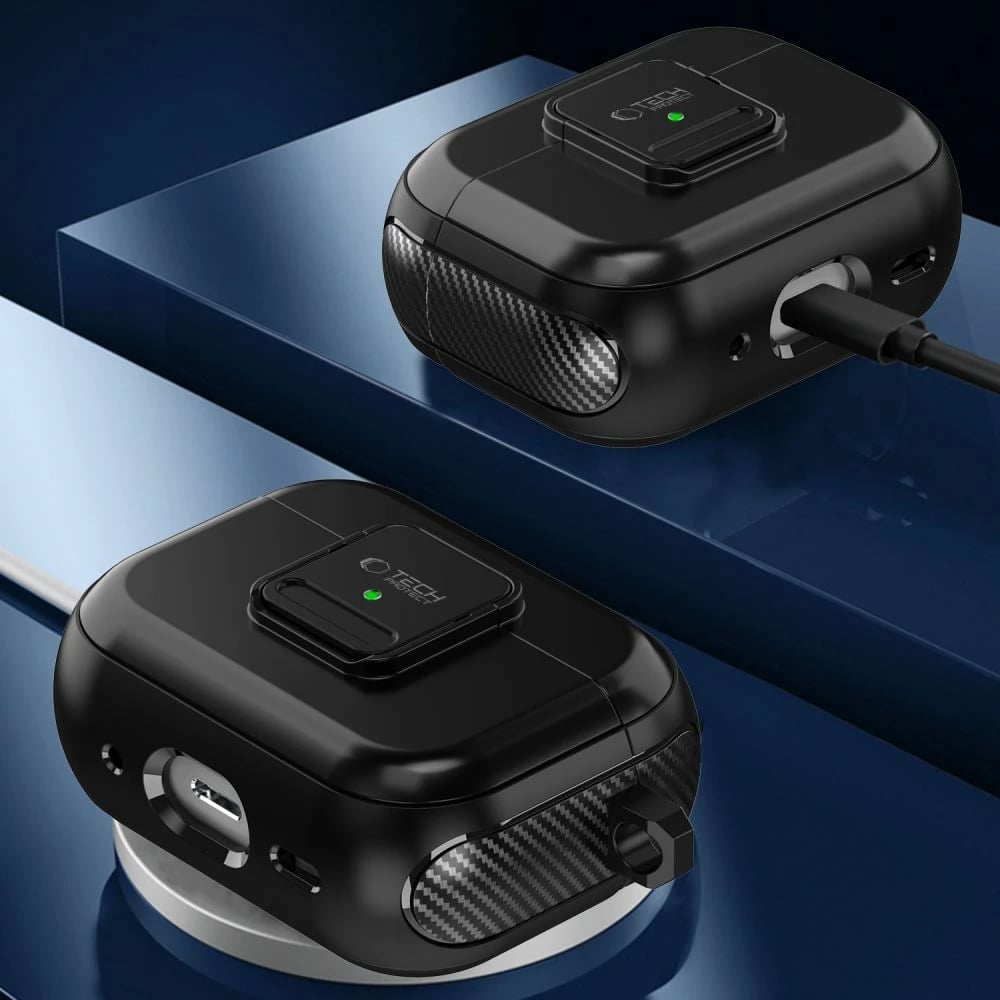 Mbështjellës Tech-Protect Defender me karabiner për AirPods Pro/Pro 2, MagSafe, Zi