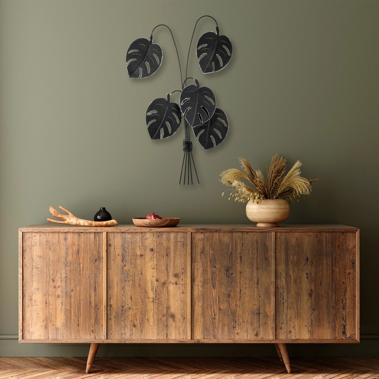 Aksesor muri dekorativ prej metali, Monstera, ngjyrë e zezë