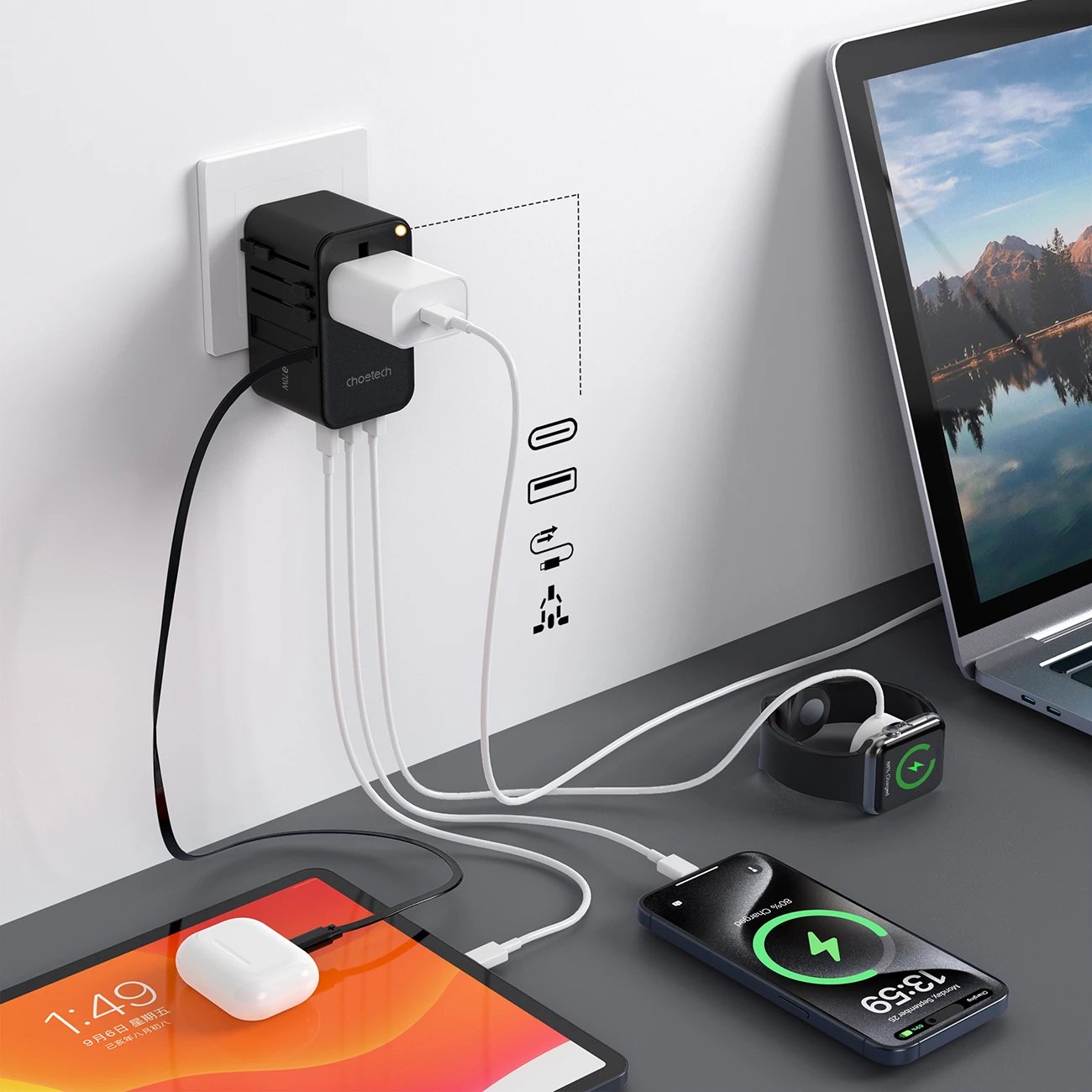 Adapter udhëtimi Choetech PD5021, 45W, me kabllo USB-C të integruar, 4 porta, i zi