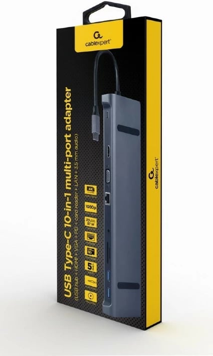 Hub USB-C Gembird A-CM-COMBO10-01, 10-në-1, HDMI, VGA, LAN, SD, 3xUSB 3.1, Gri