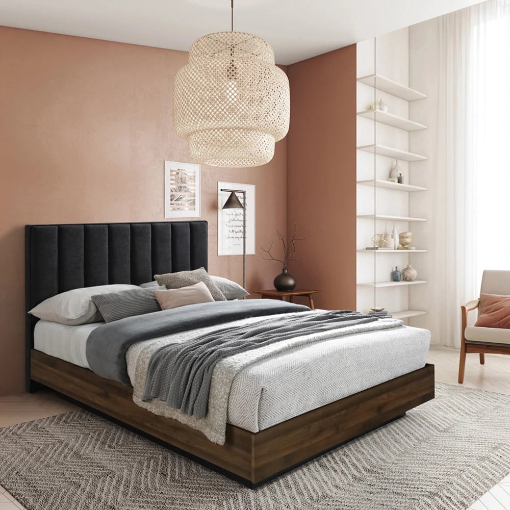 Krevat Boxy për dyshek 160x200cm, gri e errët, walnut, 211.5x165x111.2