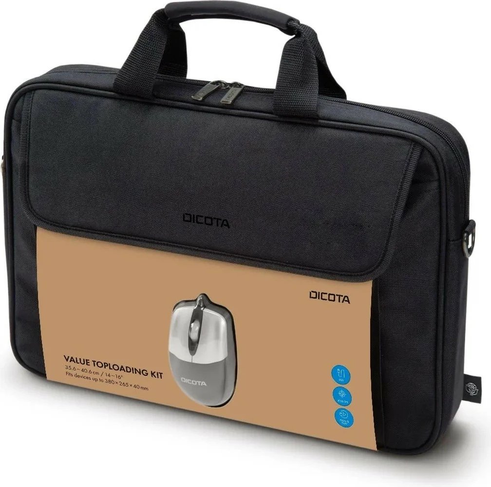 Çantë laptopi, DICOTA, D30805-RPET, 14-16", toploading, me Maus 800 dpi, rPET, e zezë, set
