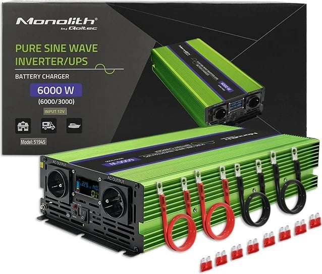 Konvertues voltazhi Qoltec Monolith 51945, 12V në 230V, 3000W/6000W, valë e pastër, LCD, Gjelbër