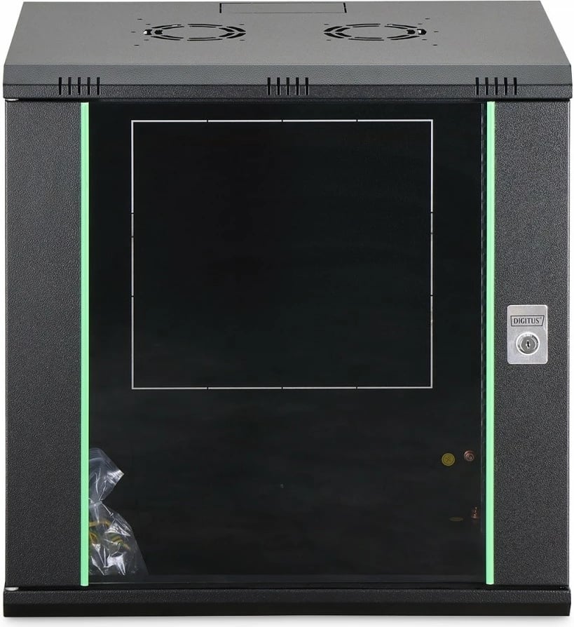 Kabinet rrjeti i montueshëm në mur, Digitus DN-37109, 19" 12U, 607x600x450mm, derë xhami, 60kg, i pa-montuar, e zezë