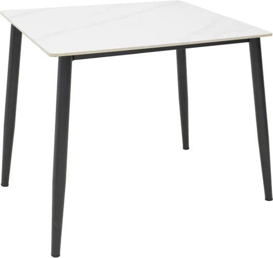 Tavolinë Gustas I, mermer i bardhë, gur sintetik, këmbë metalike të zeza, 80x80x76cm