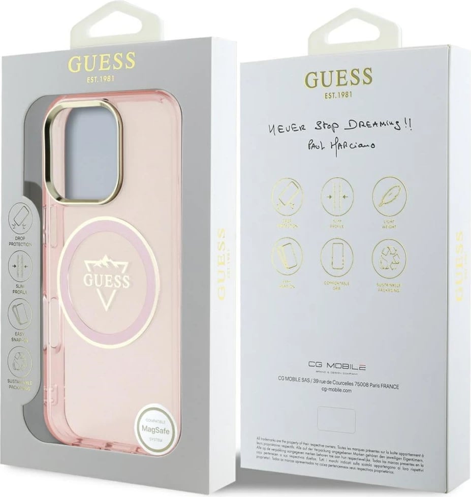 Mbështjellës Guess IML Metal Mountain Logo MagSafe për iPhone 16 Pro Max, Rozë