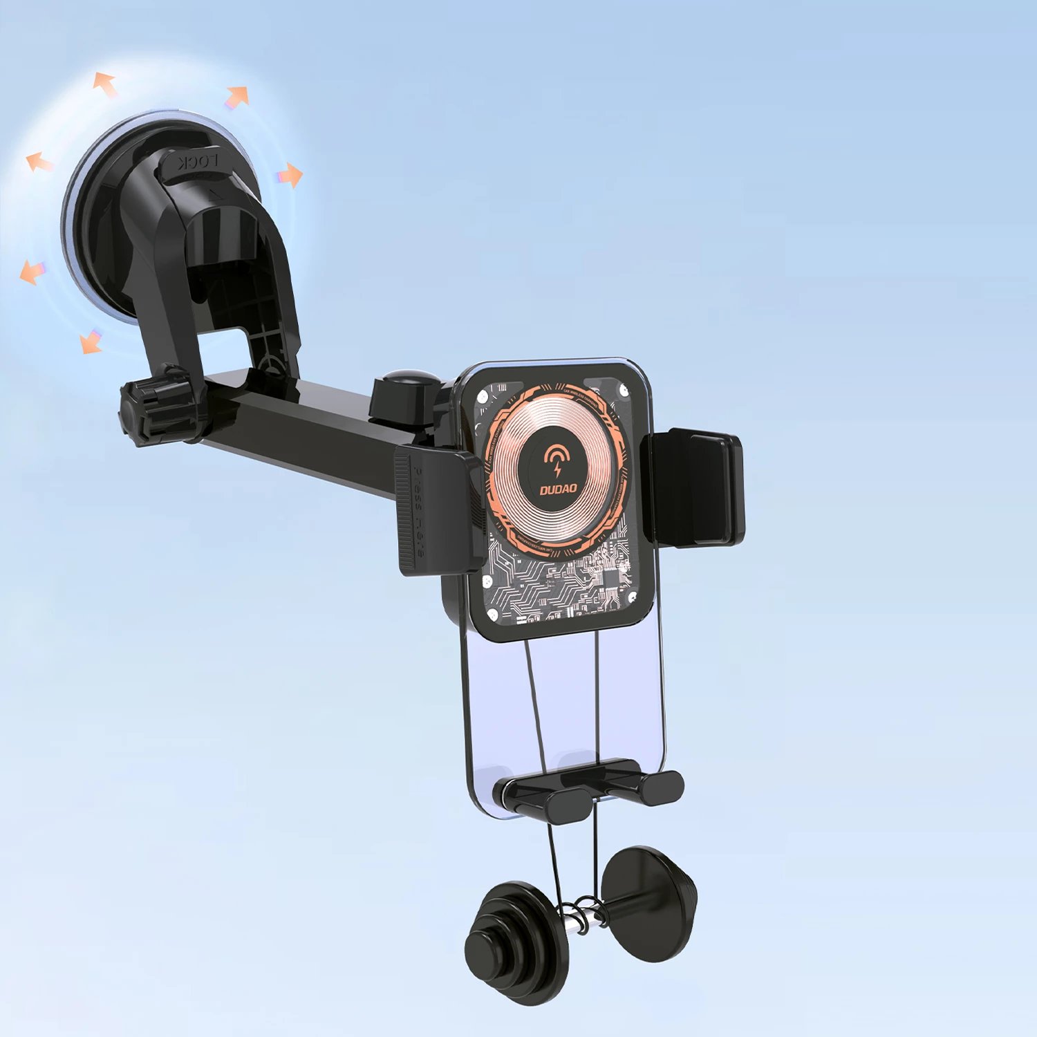 Mbajtës makine me karikues me valë 15W, Dudao F19, krah i rregullueshëm, montim panel/ventilim, zi