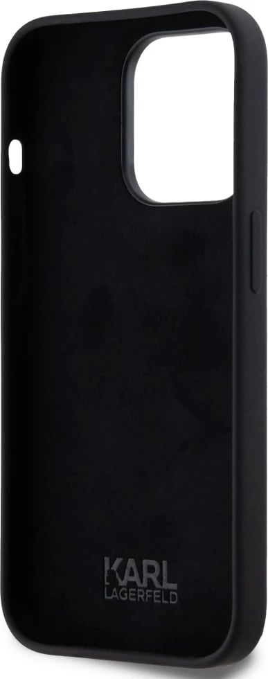 Mbështjellës Karl Lagerfeld Silicone Metal Script Logo për iPhone 14 Pro, i zi