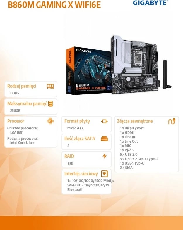Pllakë amë Gigabyte B860M GAMING X WIFI6E, micro ATX, Wi-Fi 6E, Socket LGA1851, e zezë/bardhë