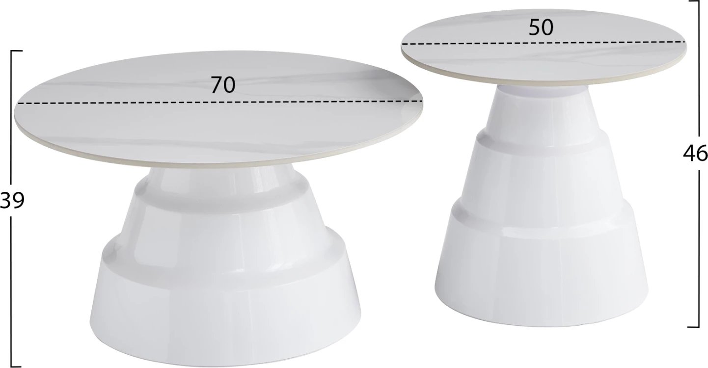 Set 2 tavolina kafeje LIDOX, sipërfaqe dhe bazë prej guri të sinterizuar, të bardha, FH18306.01, Φ50cm & Φ70cm
