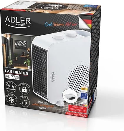 Ngrohës me ventilator, Adler, AD 7725, 2000W, 2 nivele, termostat, ajër i ftohtë/ i ngrohtë, vertikal/horizontal, i bardhë