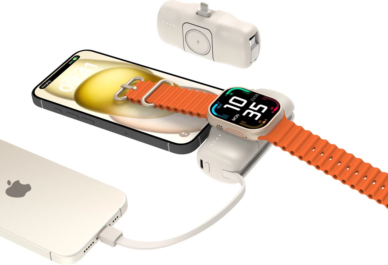 Powerbank Wozinsky WF16-YLS, 5000mAh, 15W, me kabllo USB-C të integruar dhe karikues për Apple Watch, Bezhe