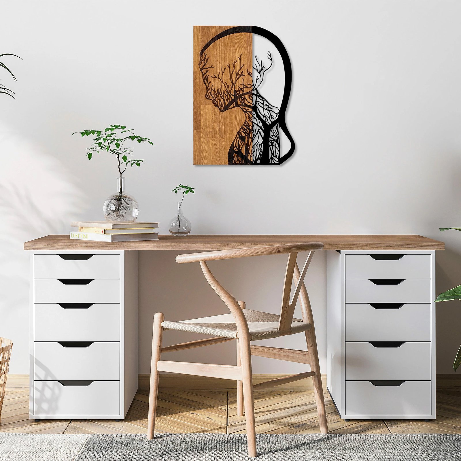 Aksesor dekorativ muri, dru dhe metal, dizajn grua-pemë, ngjyrë arre, 43x58cm