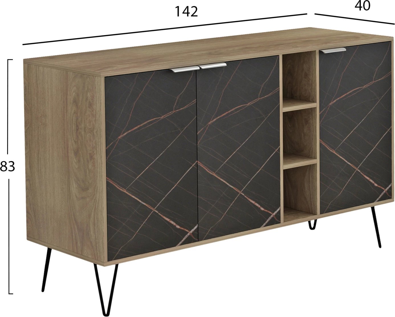 Bufe CABRON FH8874.12 melaminë në ngjyrë Sonama-mermer i zi dhe këmbë metalike të zeza 142x40x83H cm