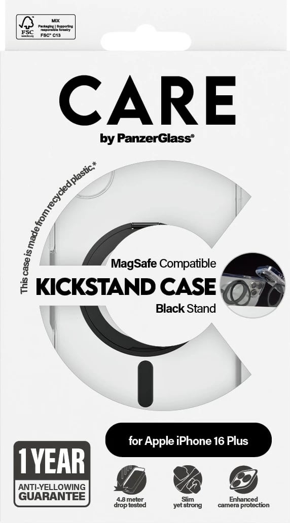 Mbështjellës PanzerGlass CARE Case Feature me Kickstand MagSAFE për iPhone 16 Plus, transparent