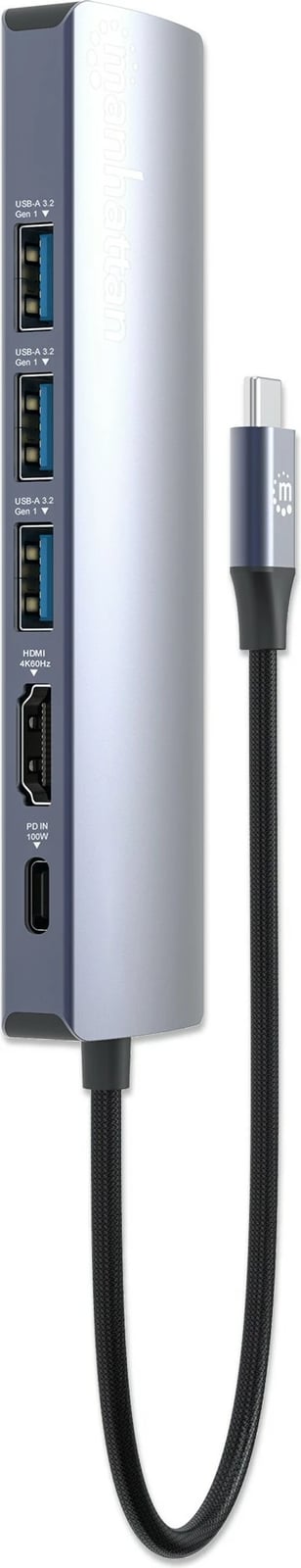 Docking station MANHATTAN 6-në-1 USB-C, 4K HDMI, 3x USB 5Gb/s, gri