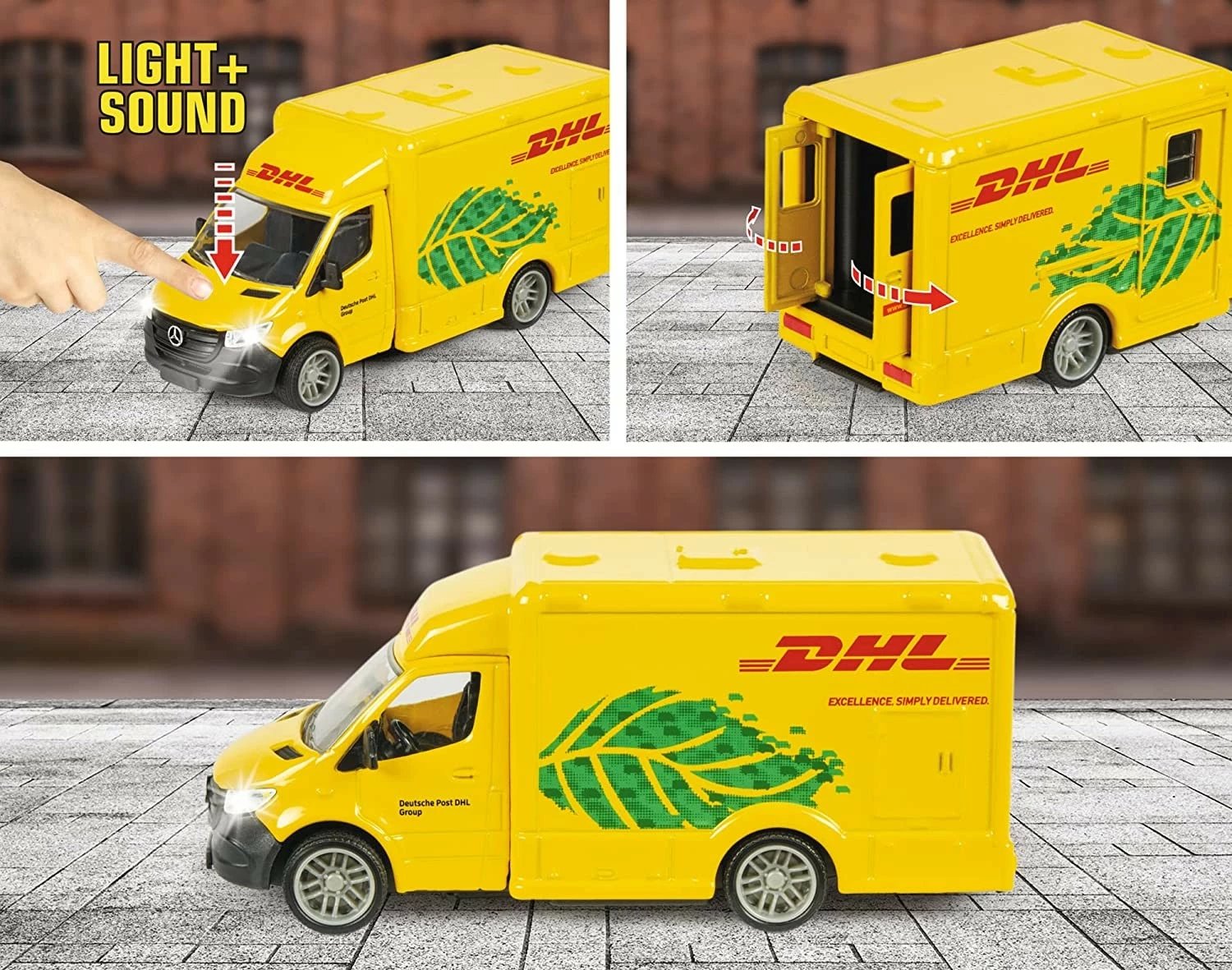 Lodër veturë Majorette Mercedes-Benz Sprinter DHL, metal, 12.5 cm, e verdhë, me drita dhe zë