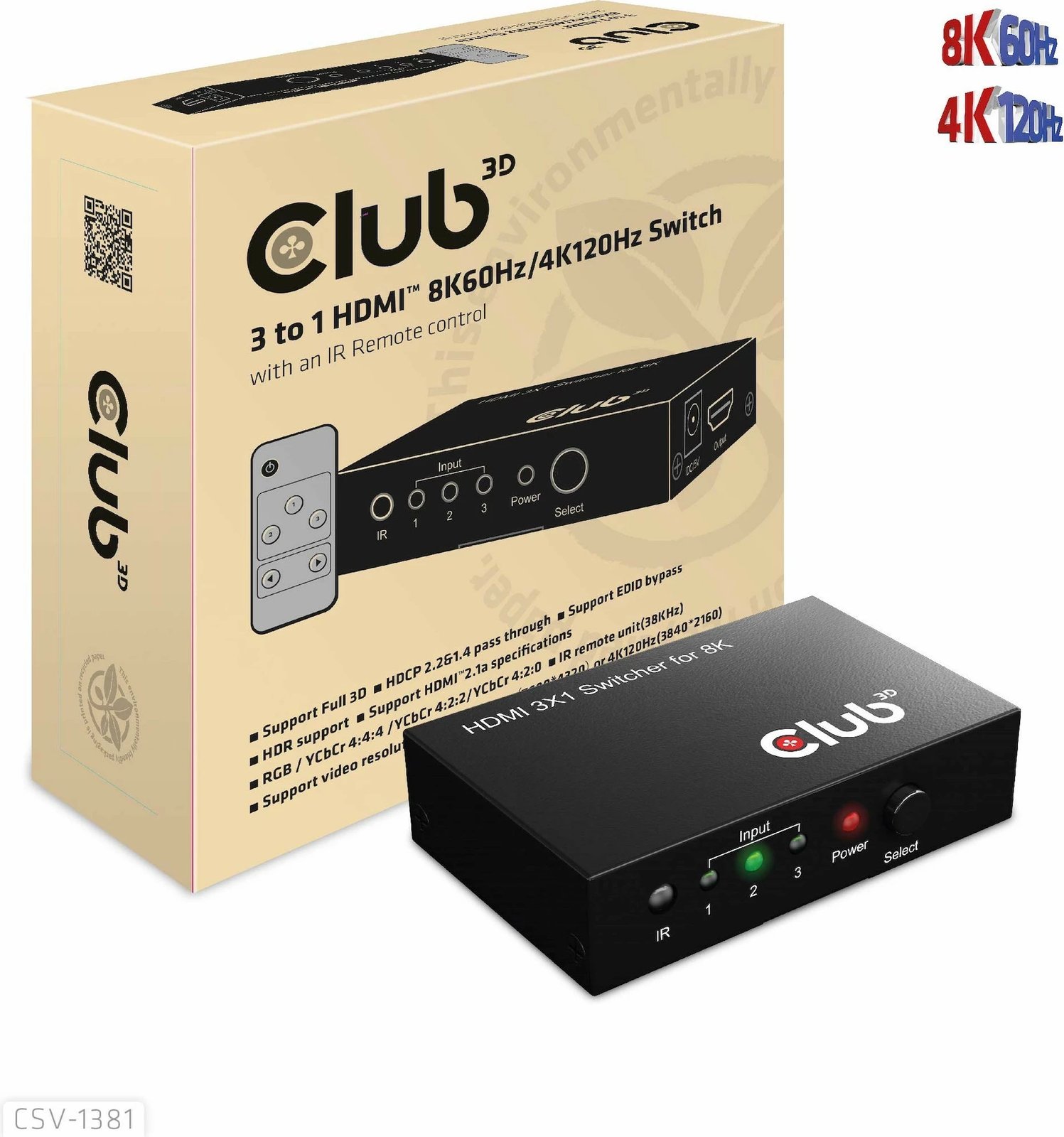 Switch HDMI Club3D CSV-1381, 3 në 1, 8K60Hz, me telekomandë, i zi