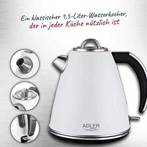Zierës uji elektrik, Adler AD 1343, 1.5 L, 1850–2200W, element inoks i sheshtë, bazë 360°, sistem sigurie STRIX, e bardhë