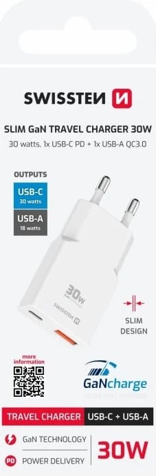 SWISSTEN SLIM KARIKUES GaN USB-C + USB-A 30W 