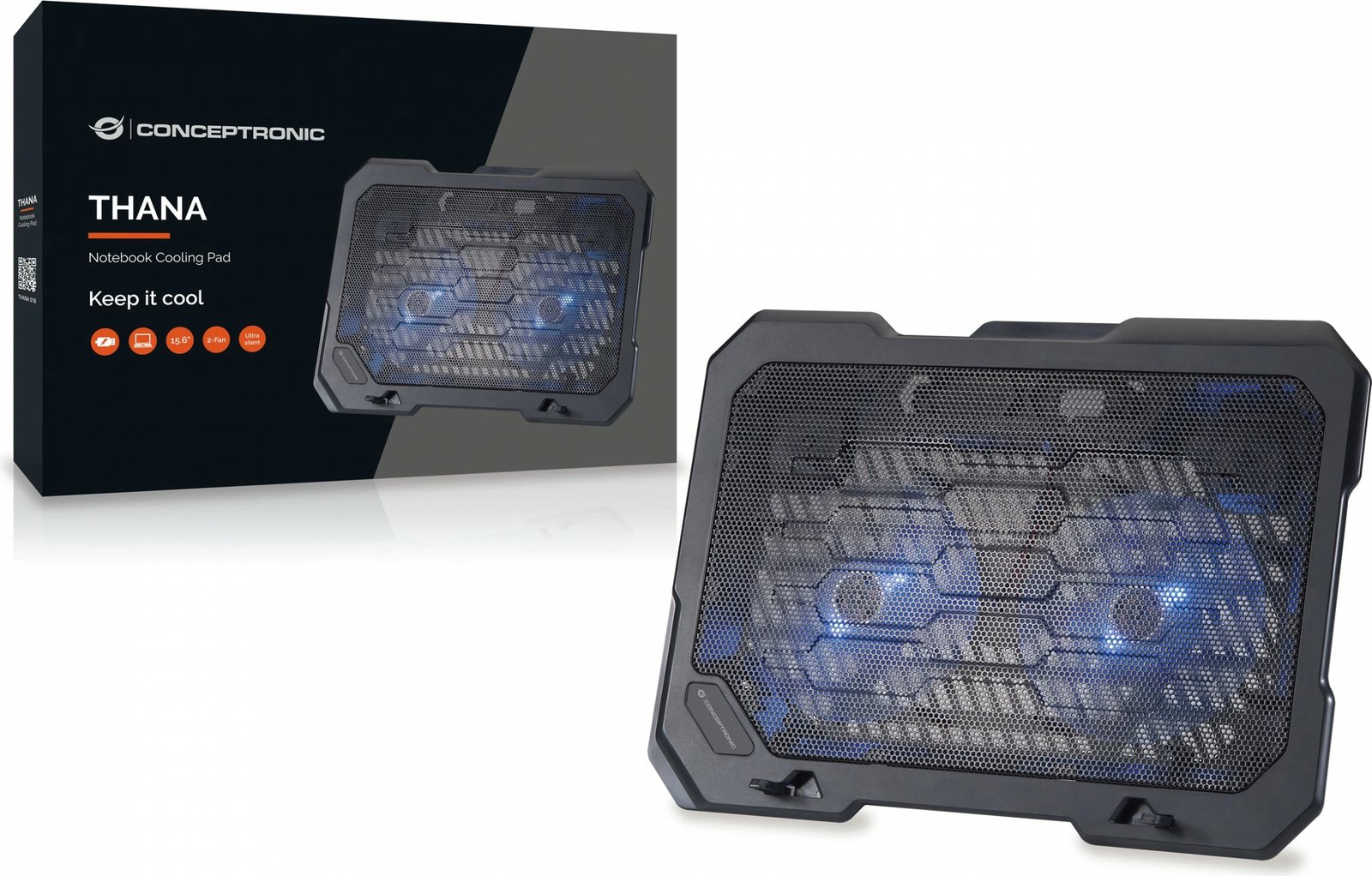 Mbajtëse ftohëse Conceptronic 2-Fan, USB-A 2.0, për laptop 15.6 inç, e zezë