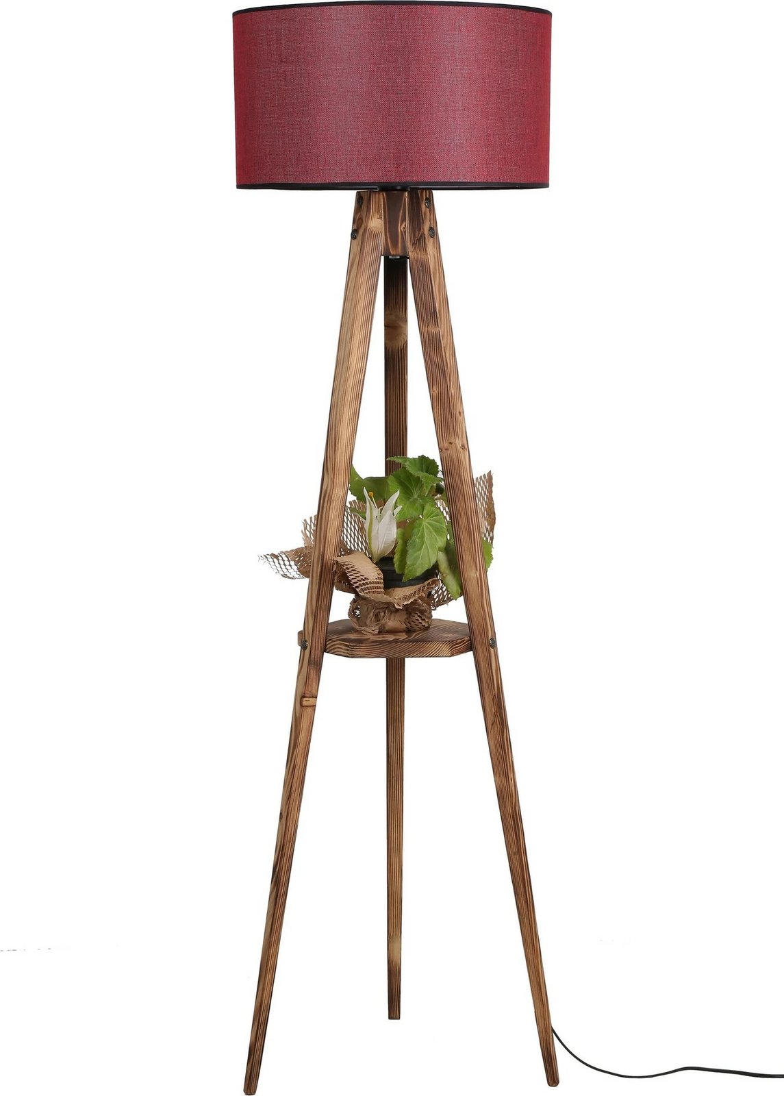 Llambë dyshemeje druri, raft i vogël, abazhur bordo, Opviq Sehbalı Tripod Llambë dyshemeje druri, raft i vogël, abazhur bordo, Opviq Sehbalı Tripod