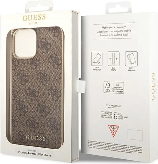 Mbështjellës Guess GUHCP14LGF4GBR për iPhone 14 Pro 6.1", lëkurë ekologjike, kafe, me varëse