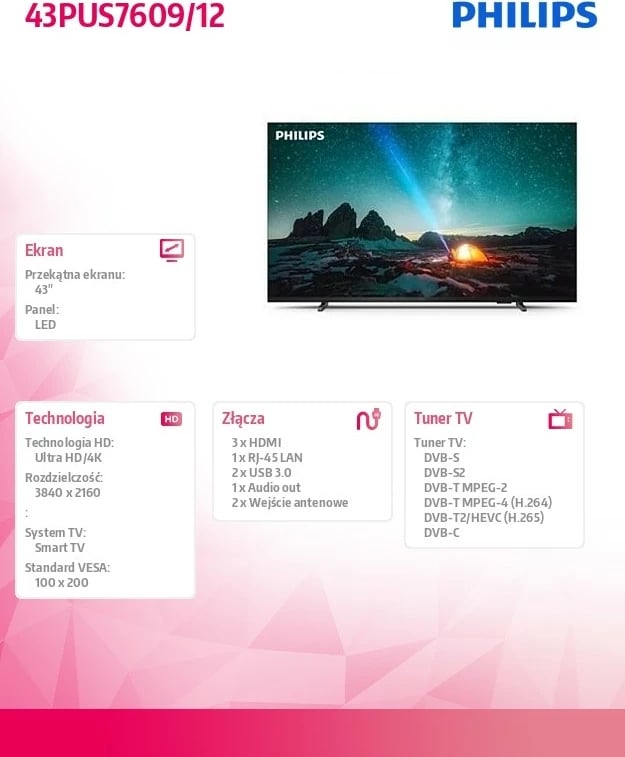 Televizor LED Philips 43PUS7609/12, 43 inç, Ultra HD 4K, Smart TV, i zi