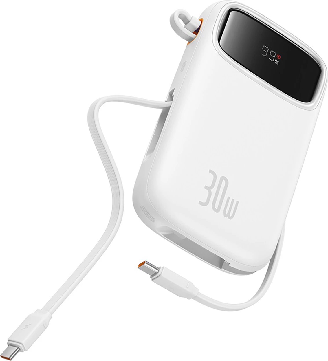 Power bank Baseus QPow 2, 10000mAh, 30W, me kabllo USB-C të integruar, Bardhë