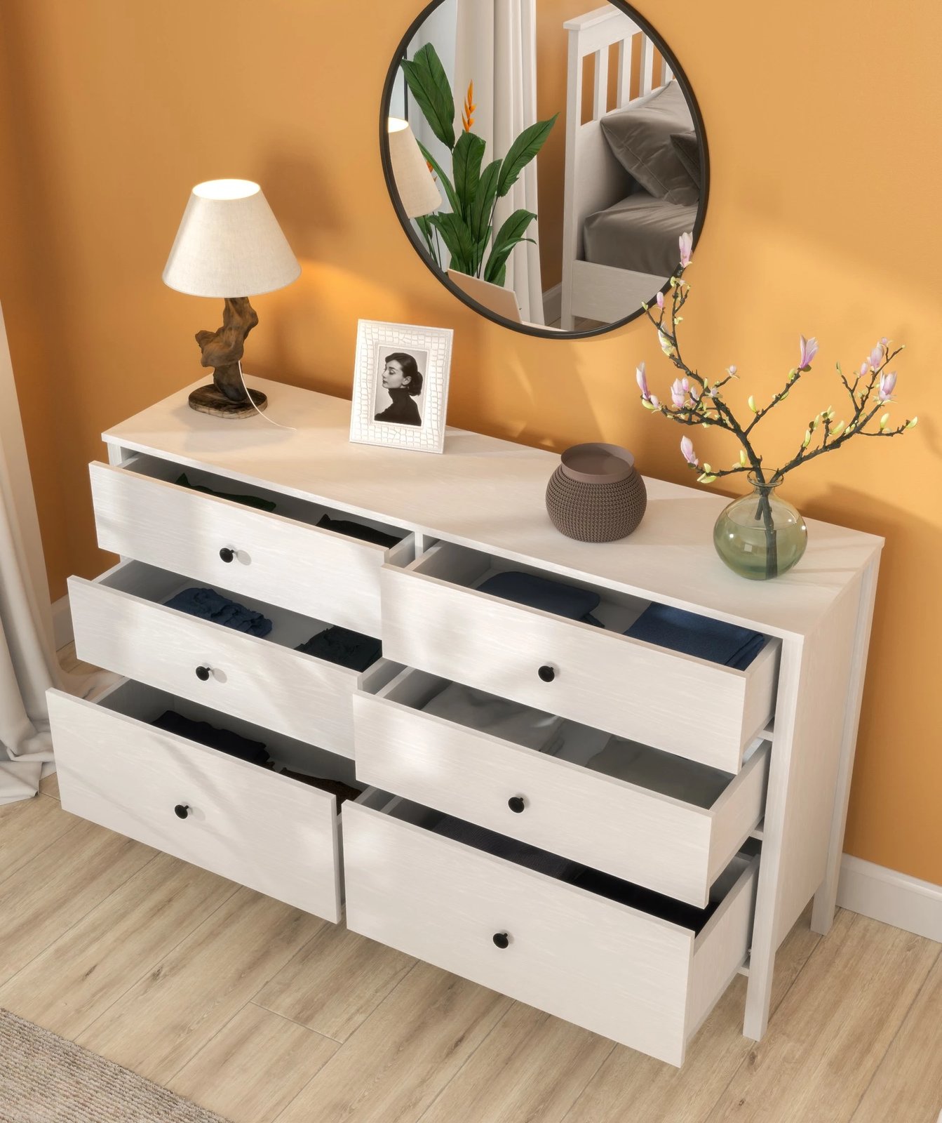 Komodë Hanah Home, FRN-20017, ngjyrë druri dhe e bardhë